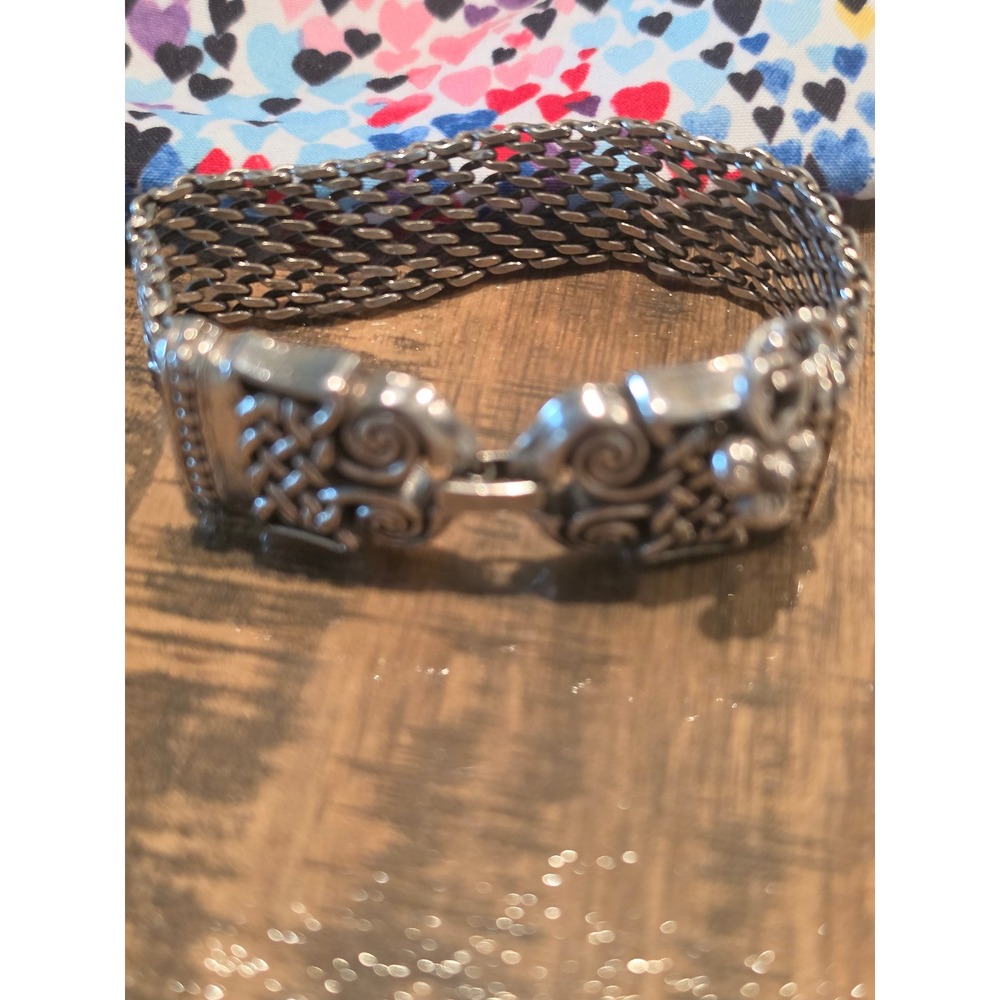 Brighton Silver Tone Mesh Chain Bracelet Celtic Knot Scrollwork Heart Charm